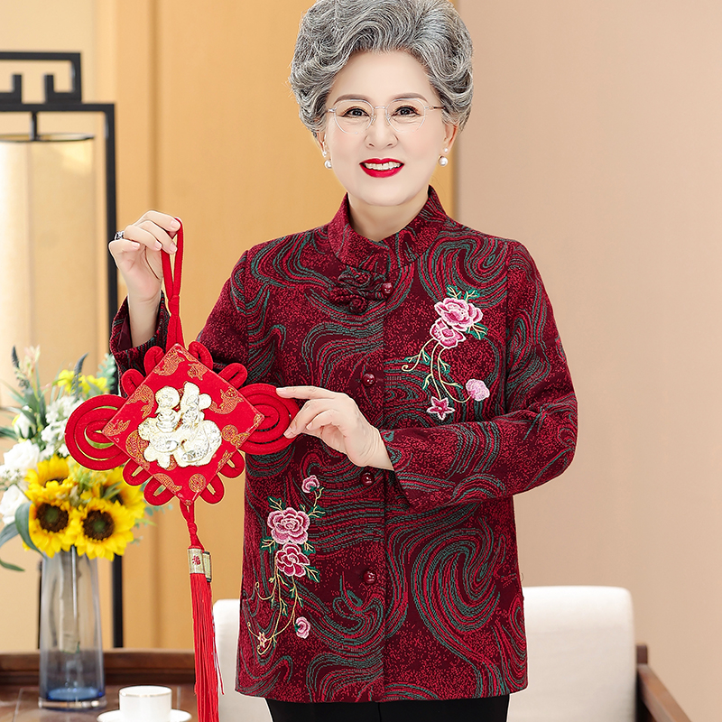老年人外套秋冬款女小个子奶奶衣服老太太唐装绣花夹克妈妈装上衣
