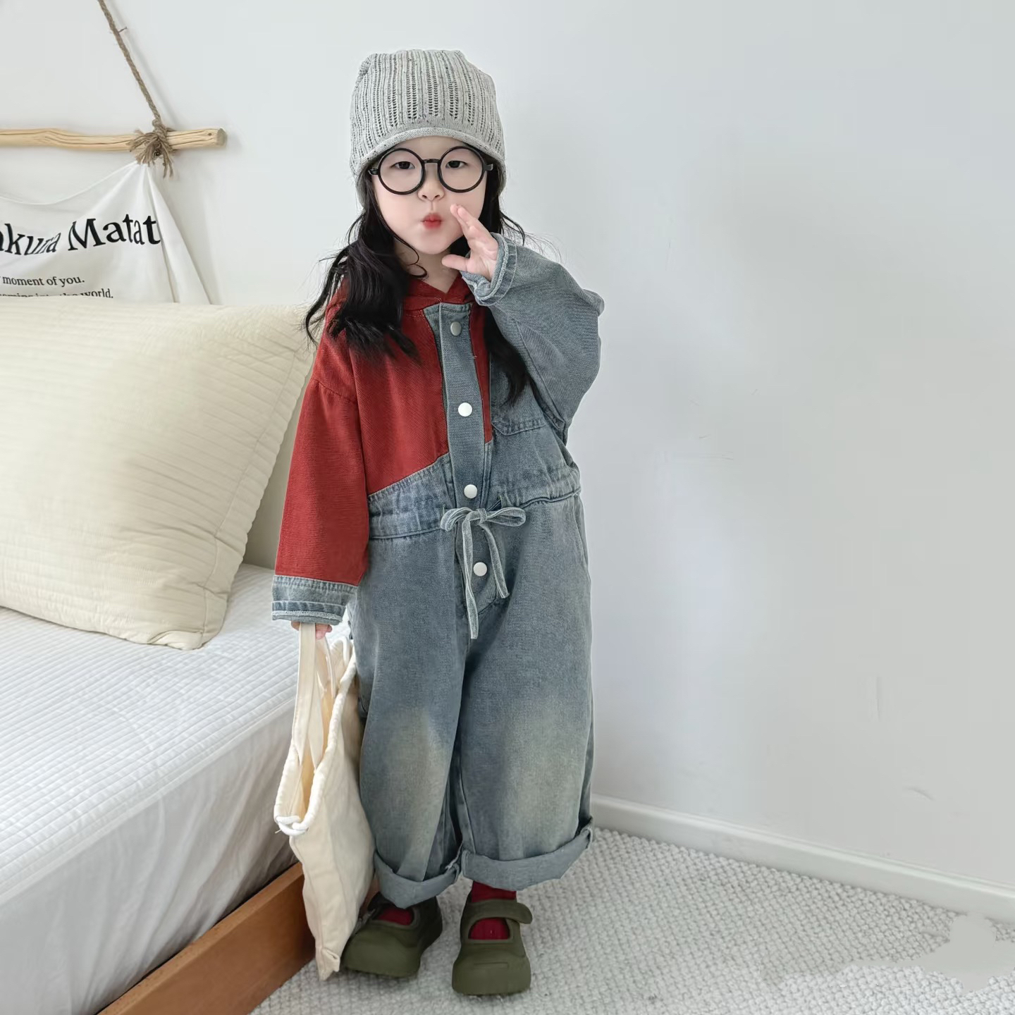 儿童男女童装套装韩版秋冬简约圆领套装加绒牛仔洋气时尚休闲宝宝