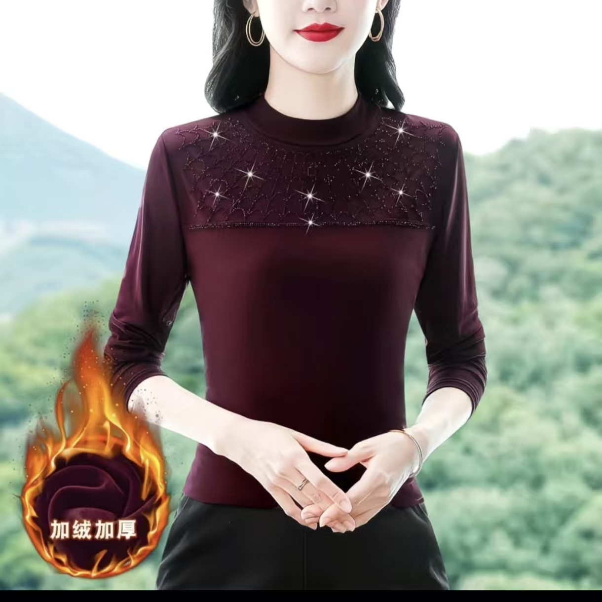 保暖安格红美体长袖半高领2层保暖上装外穿冬季加厚显瘦