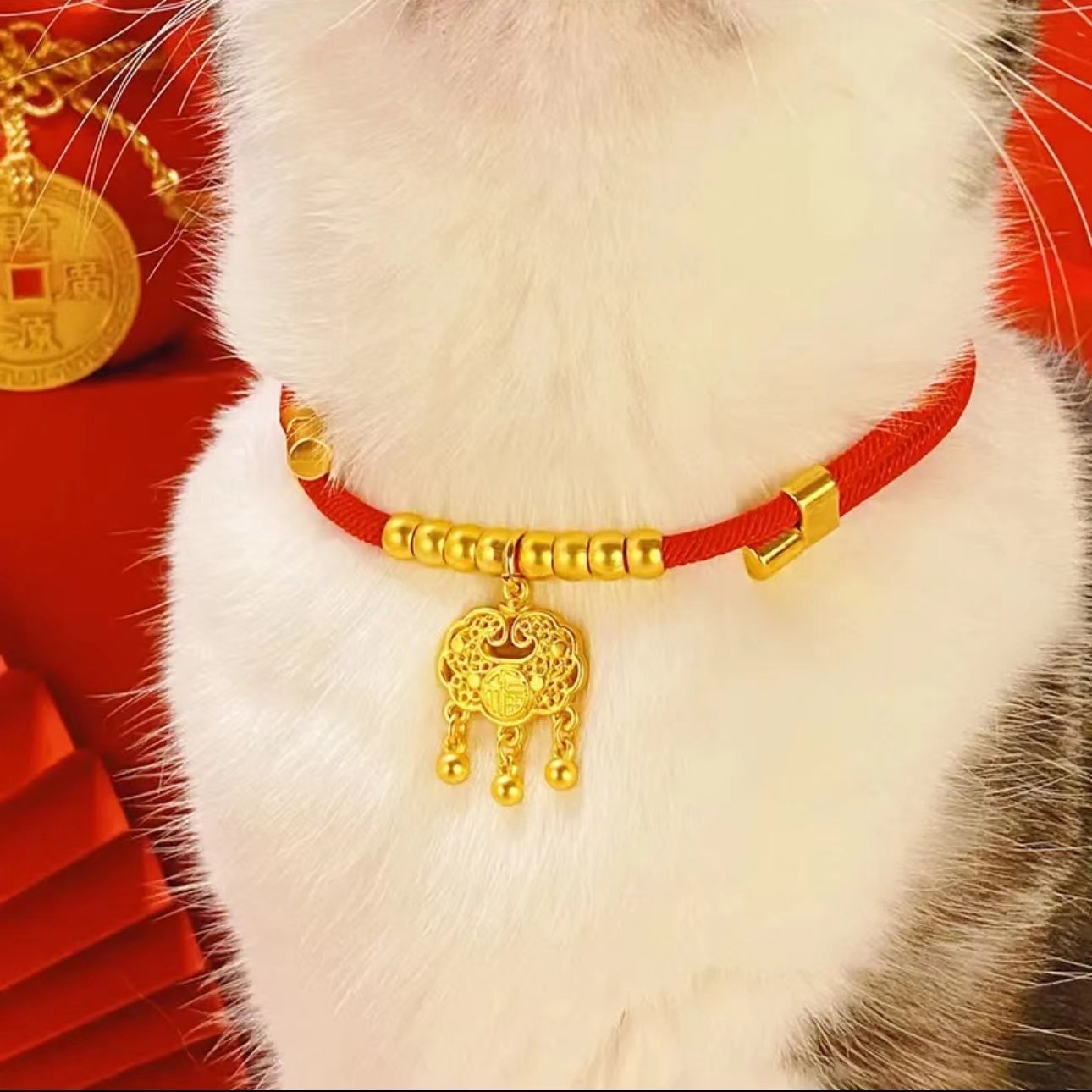 新年宠物项圈猫狗长命锁平安喜庆红绳金珠宠物项圈小狗项链可调节