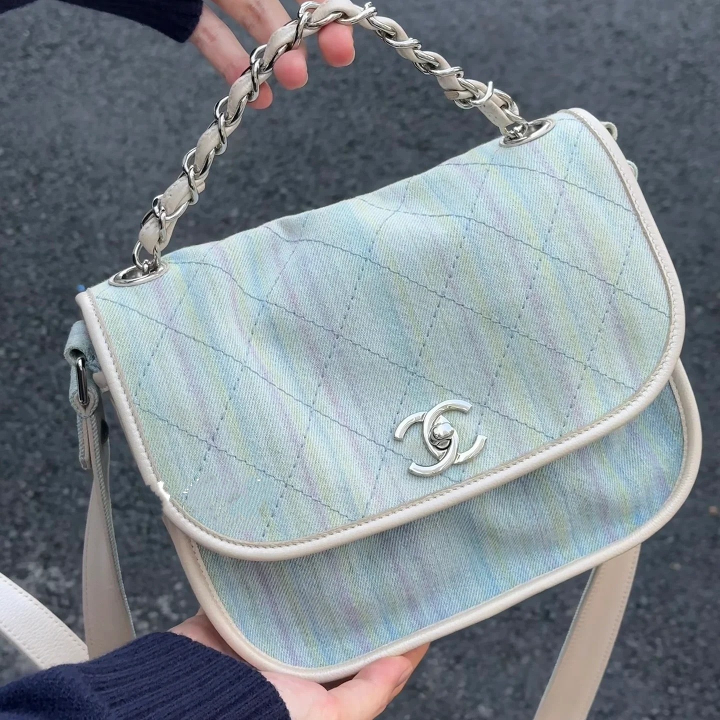 95新 Chanel/香奈儿 8622 彩虹牛仔银扣口盖邮差包手提斜挎包18