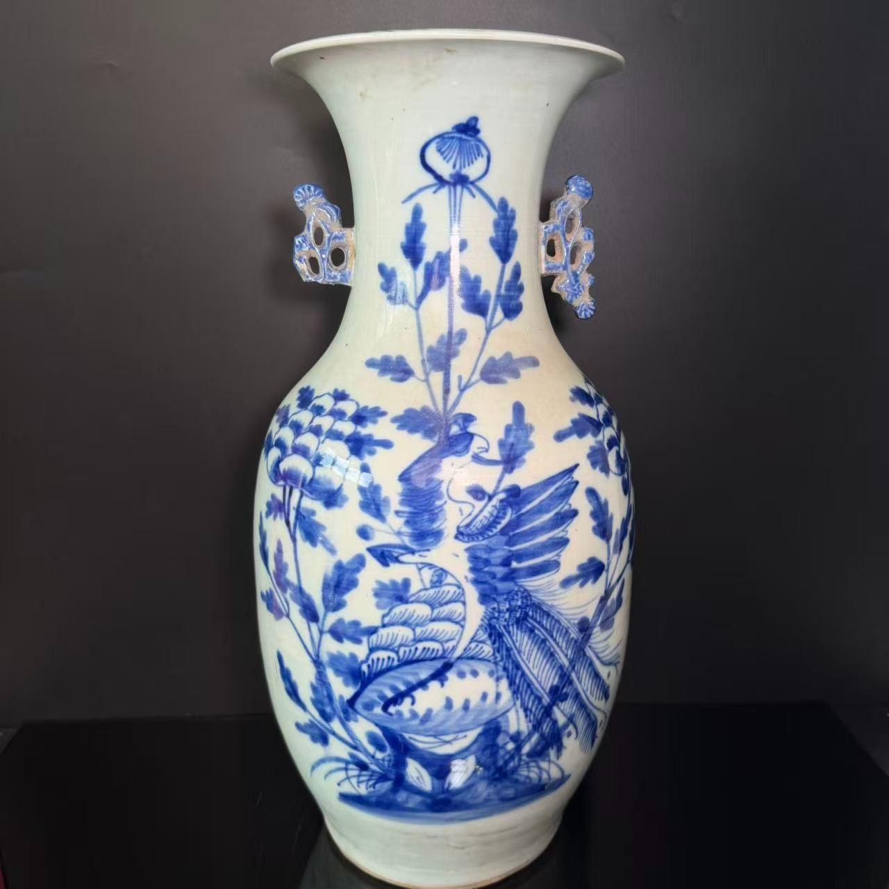 Lot59青花双耳瓶-清代年制款高43cm瓶口17-BJ11190028001090