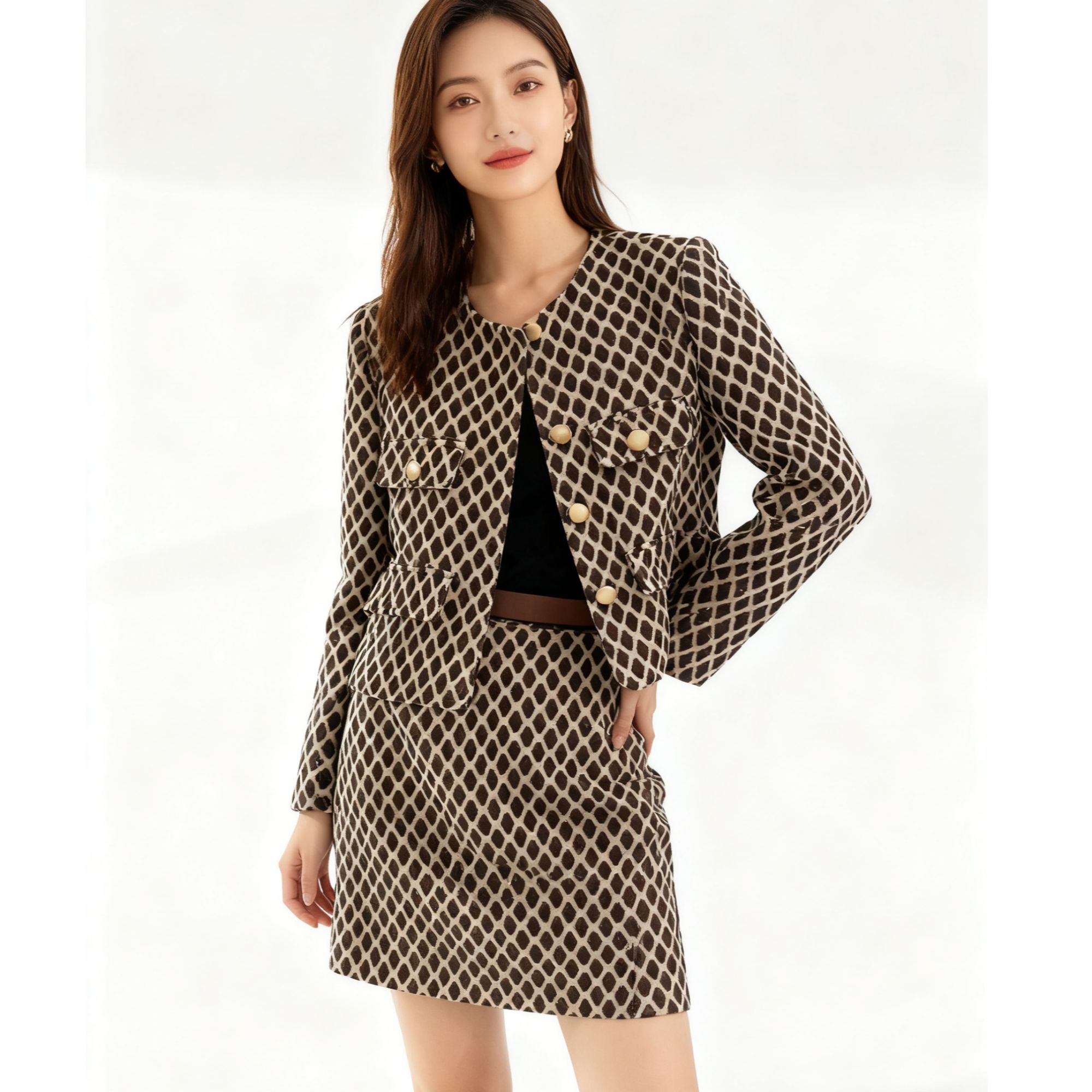 【加棉加厚】新款撞色格纹花呢外套半身群套装女时尚洋气减龄两件套