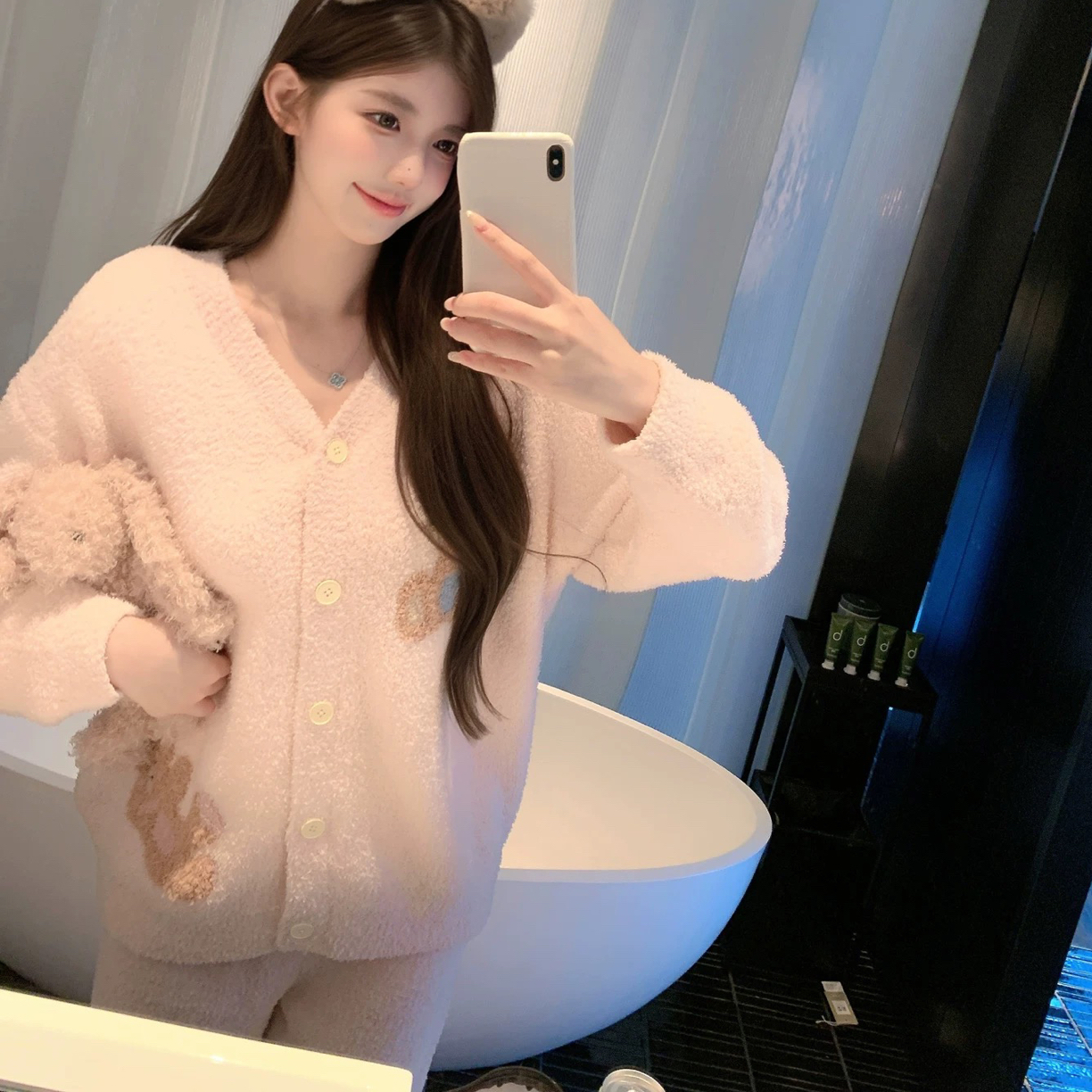 半边绒粉色小熊开衫睡衣女秋冬季加厚保暖可外穿家居服ALE
