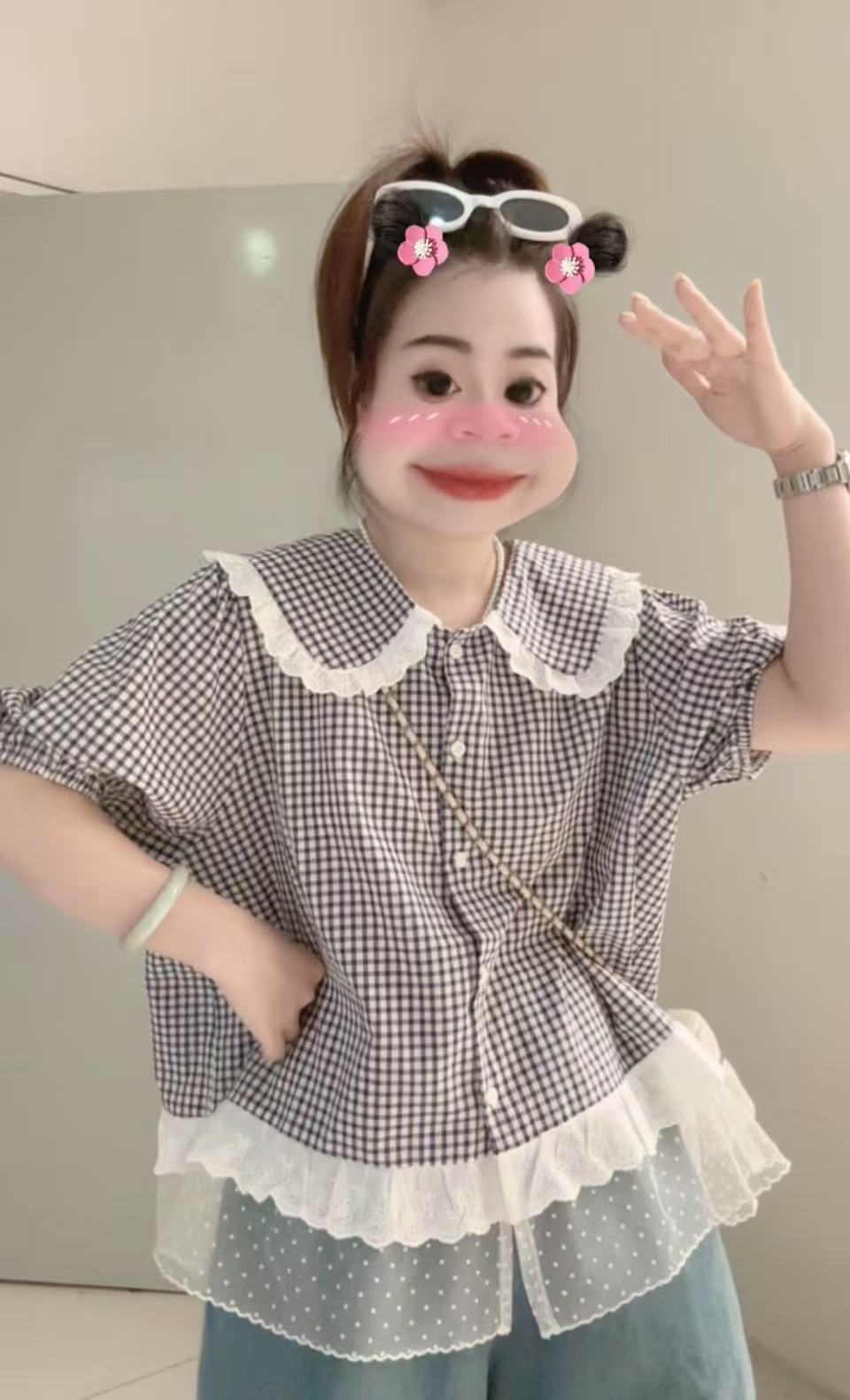 【夏日格调】园园推荐 夏季文艺翻领短袖格子衬衫新款娃娃领上衣女