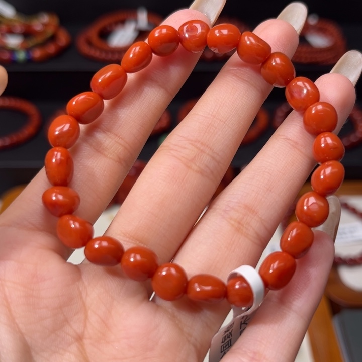 南红玛瑙未镶嵌手链随型满肉柿子红6.5+mm