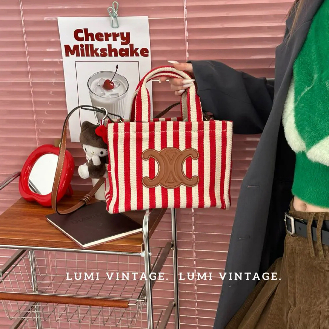 95新 Celine/思琳 红色拼白色条纹托特单肩包35124674