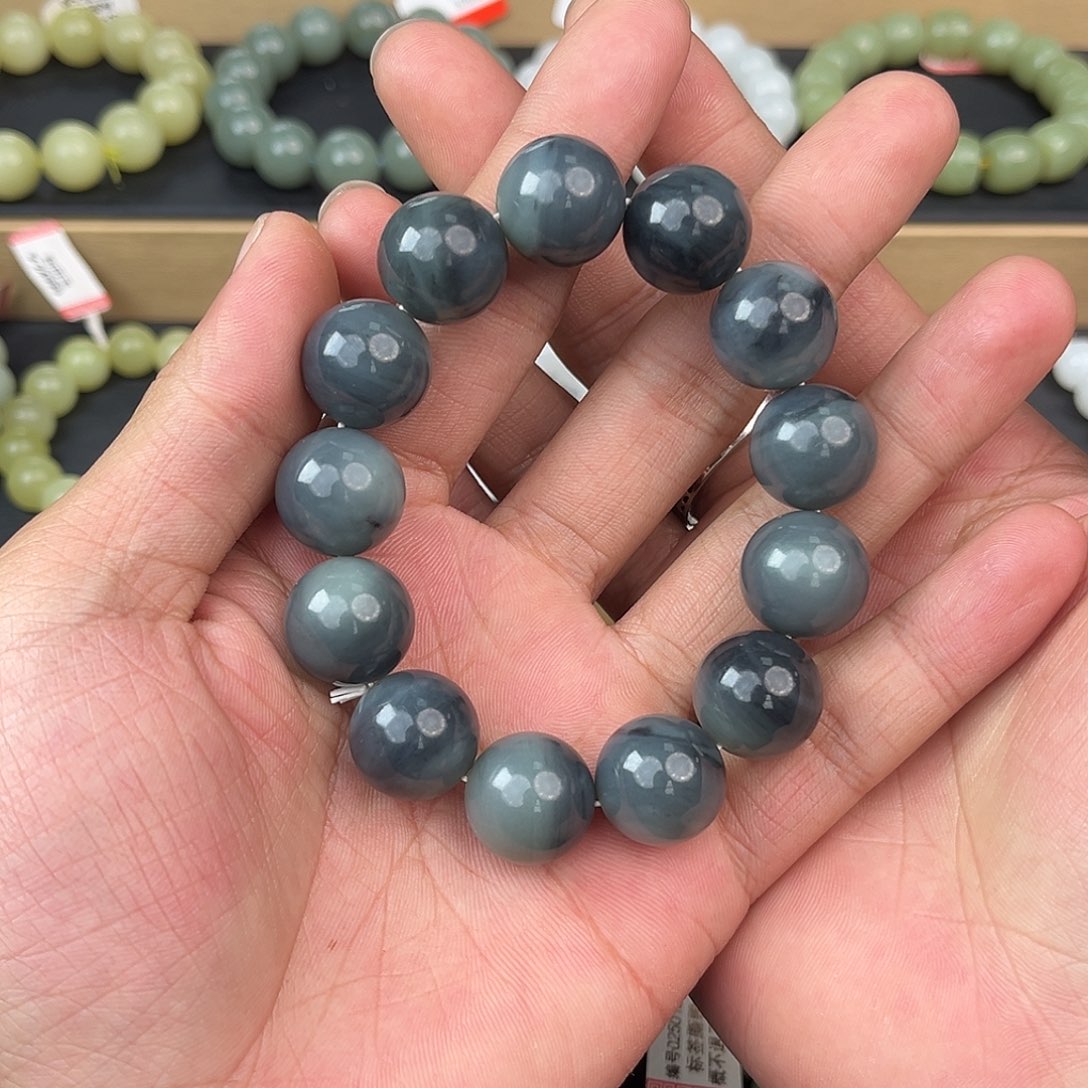 和田玉手串未镶嵌纯天然新疆和田玉青花聚墨16mm