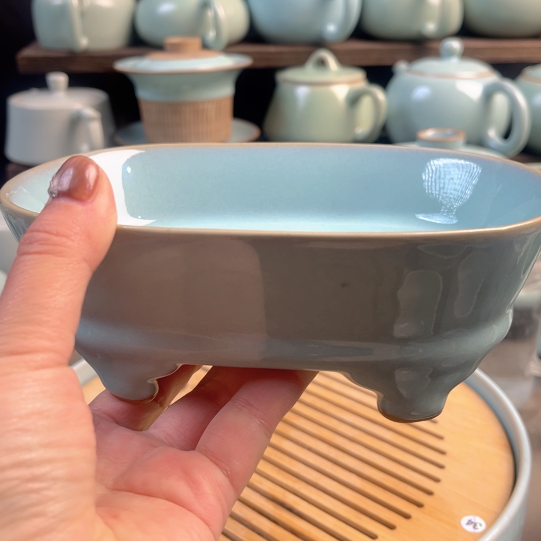 陶摆件天青色水仙盆原矿