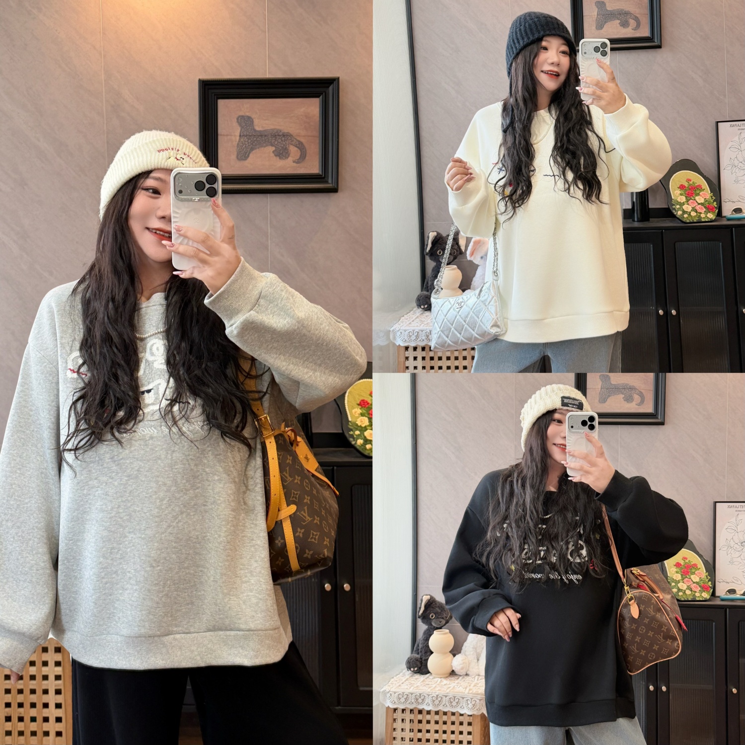 花契“焦糖玛奇”大码女装冬季宽松200斤胖mm韩系慵懒风卫衣16395-H