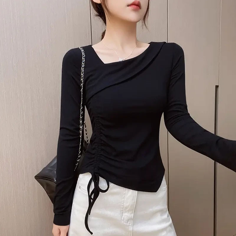 设计感不规则长袖T恤女2025秋季新款韩版修身显瘦内搭打底衫上衣