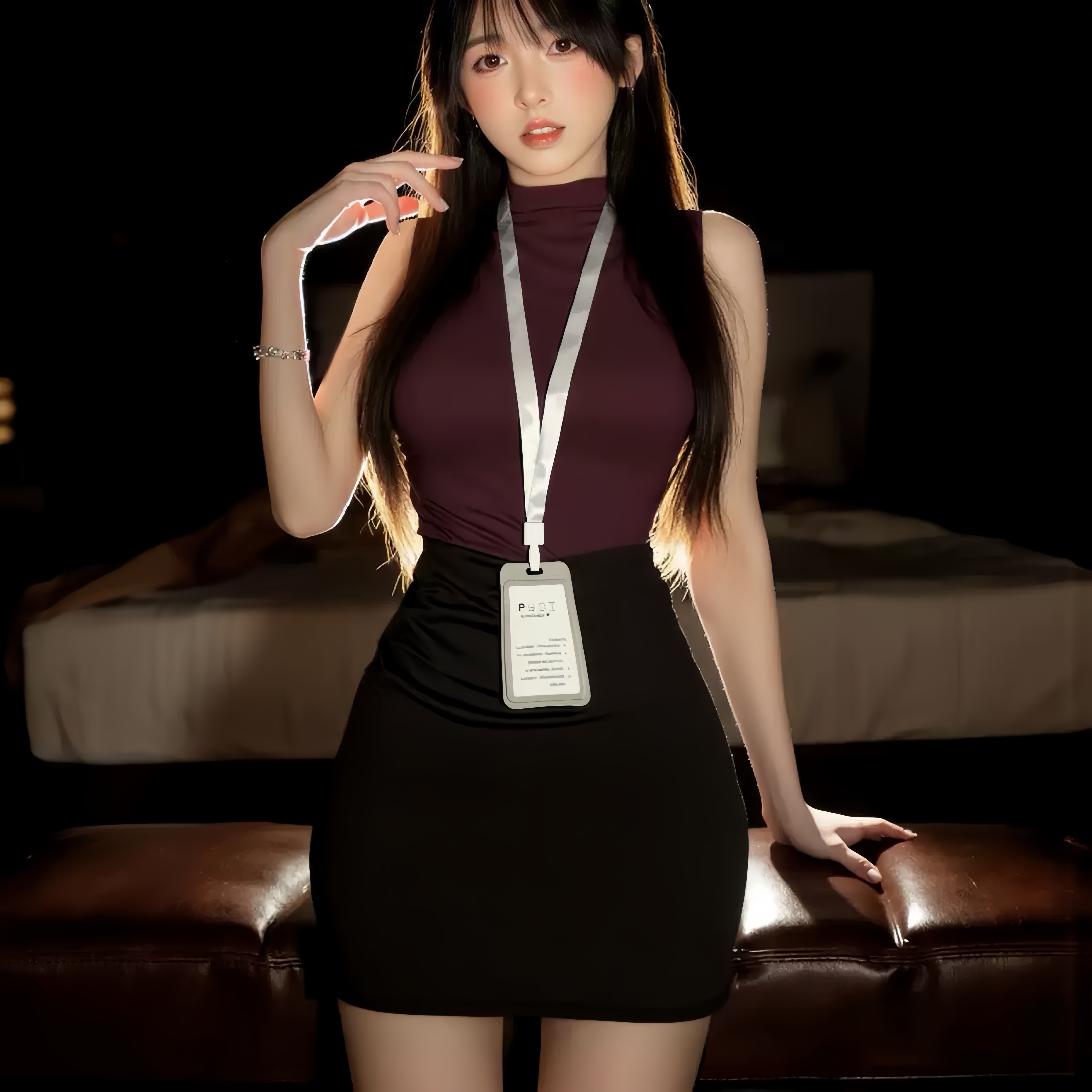 刘掰掰【墨羽】轻奢时尚性感纯欲红高领紧身弹力微透包臀睡裙套装