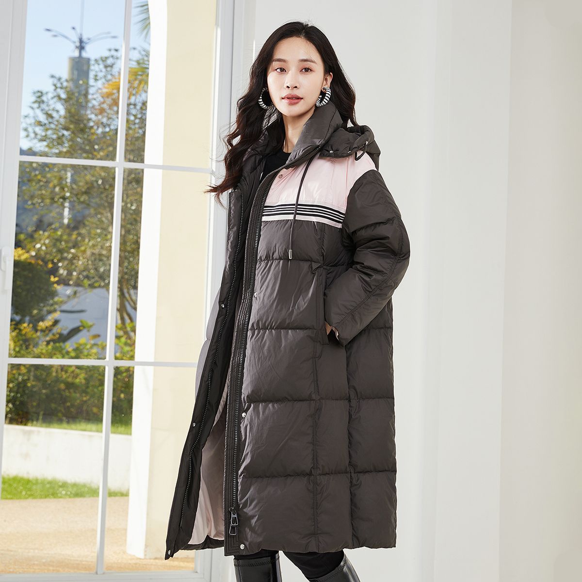 【时菲菲】商场同款冬季新品撞色长款鹅绒服D0910A34803