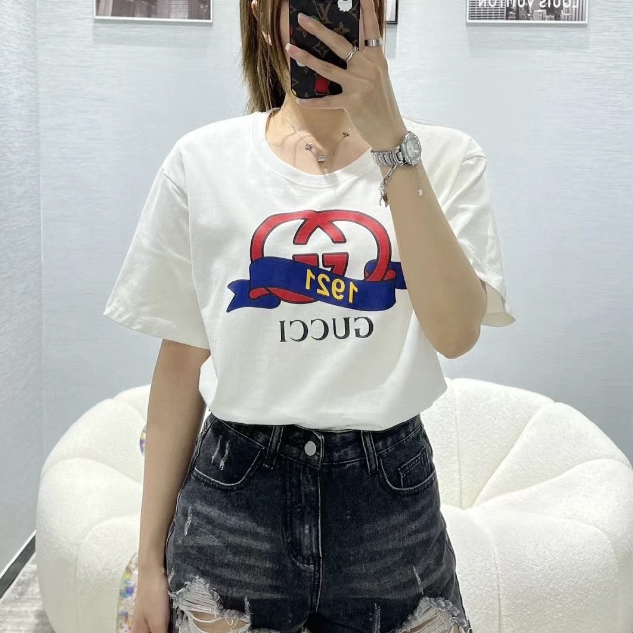 99新 GUCCI/古驰 vem449 1921字母印花圆领短袖 xs码 棉