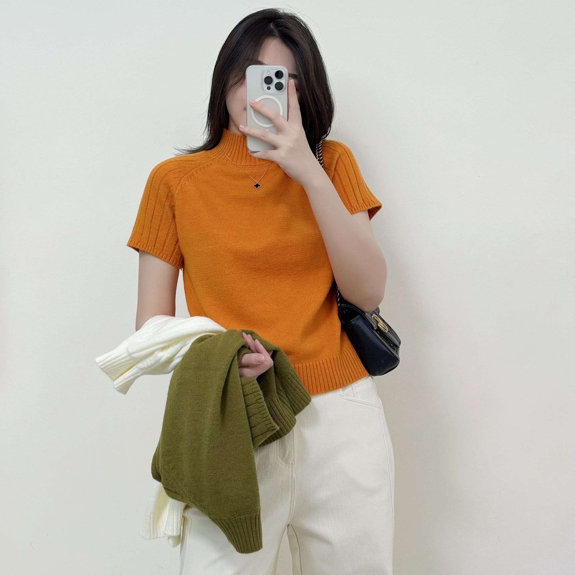 【中领羊绒衫】新款半高领短袖毛衣女宽松显瘦简约气质针织衫上衣潮