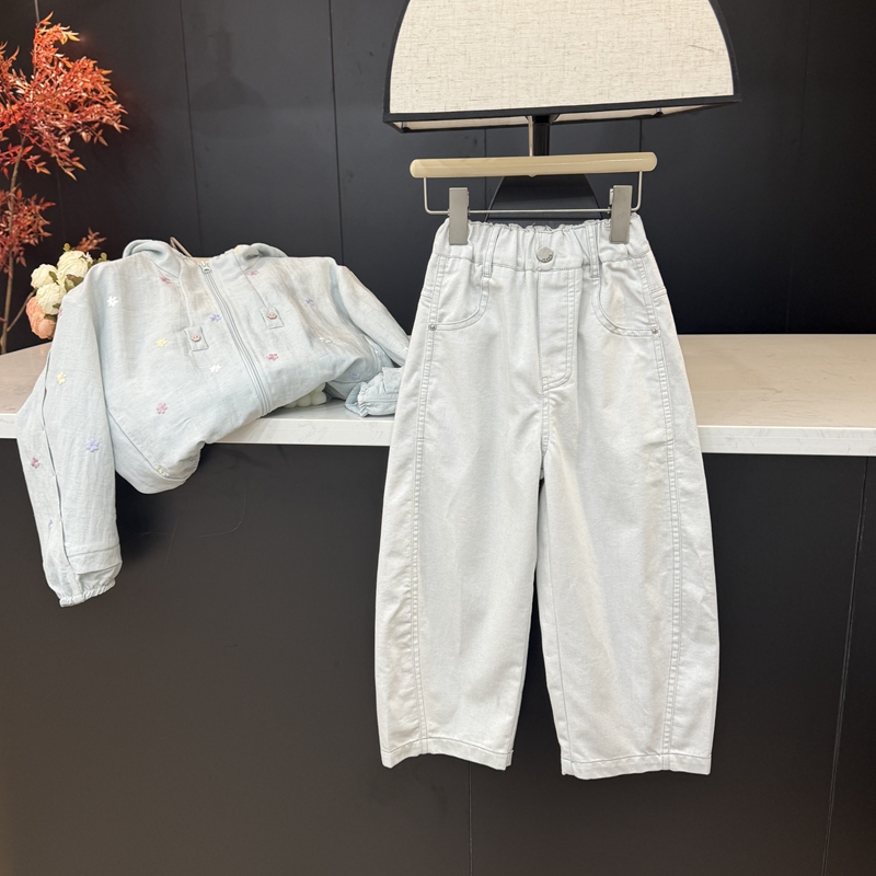 现货leomama【洗褪牛仔】女童夏季休闲裤儿童简约百搭洋气弯刀裤子