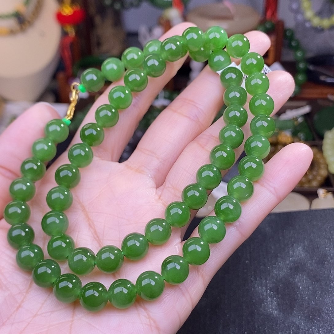 和田玉18.K金碧玉项链冰底阳绿约8MM未镶嵌