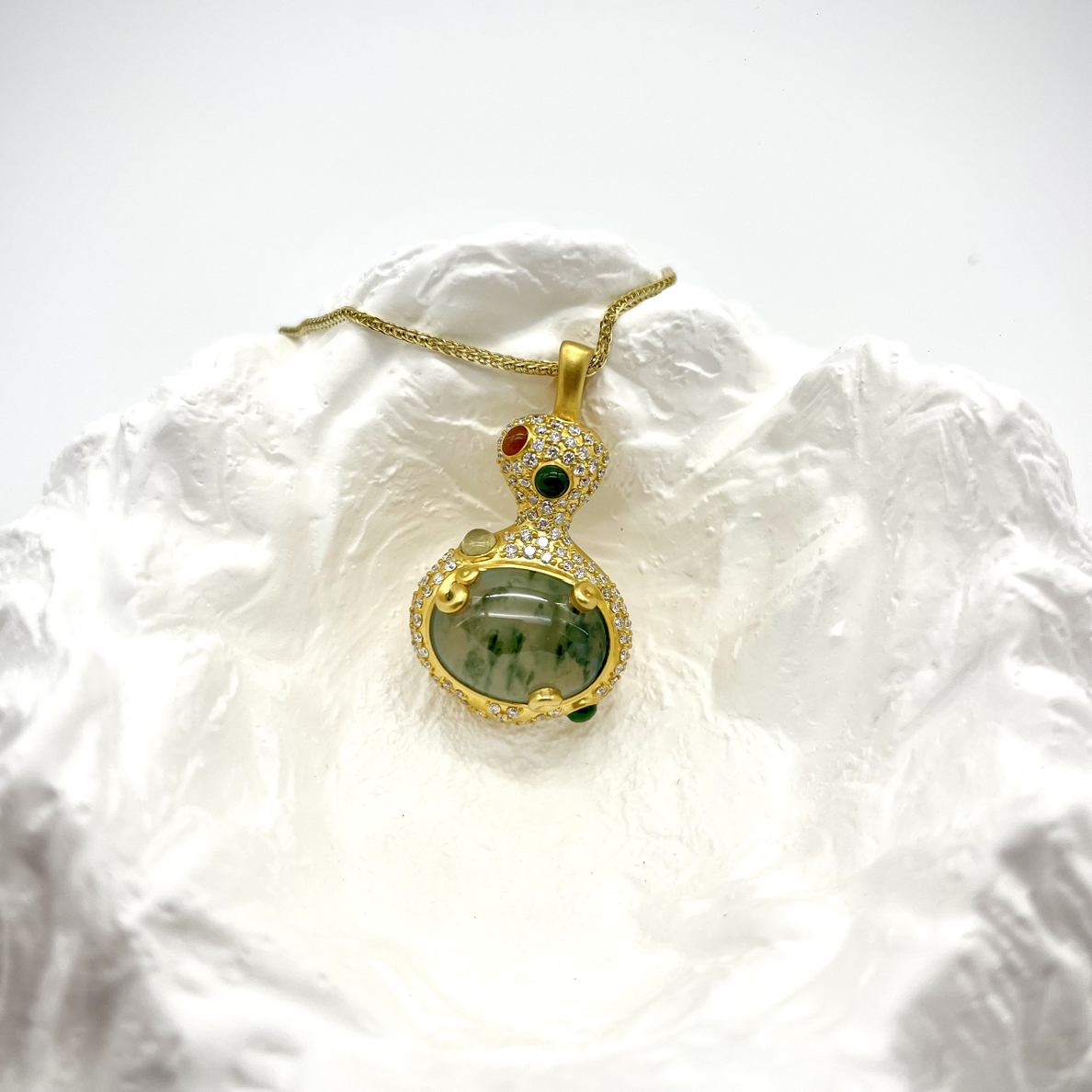 A货翡翠-18K金镶钻-冰种飘花葫芦挂坠