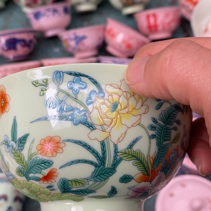 摆件陶绿稀土五色花五寸碗