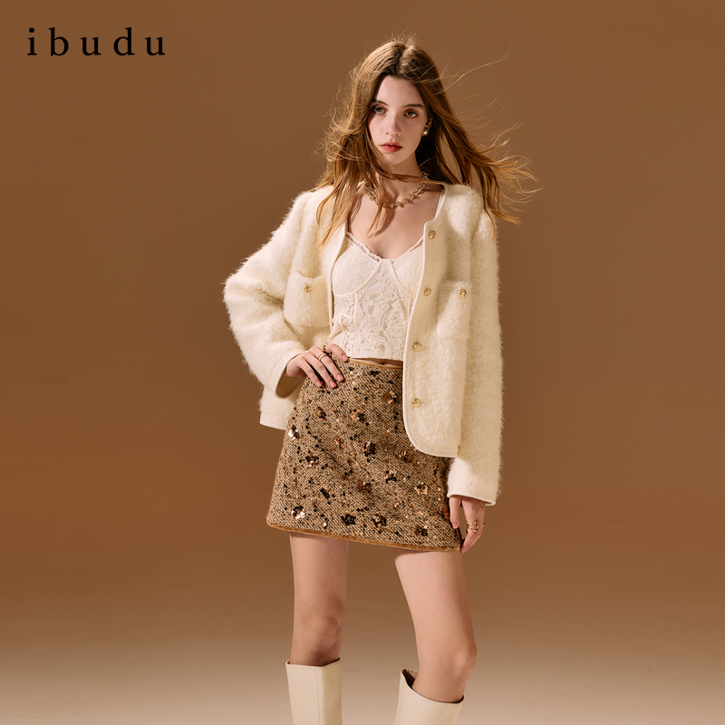 三彩ibudu2025冬季新款香风亮片半身裙A字裙短裙摩登女