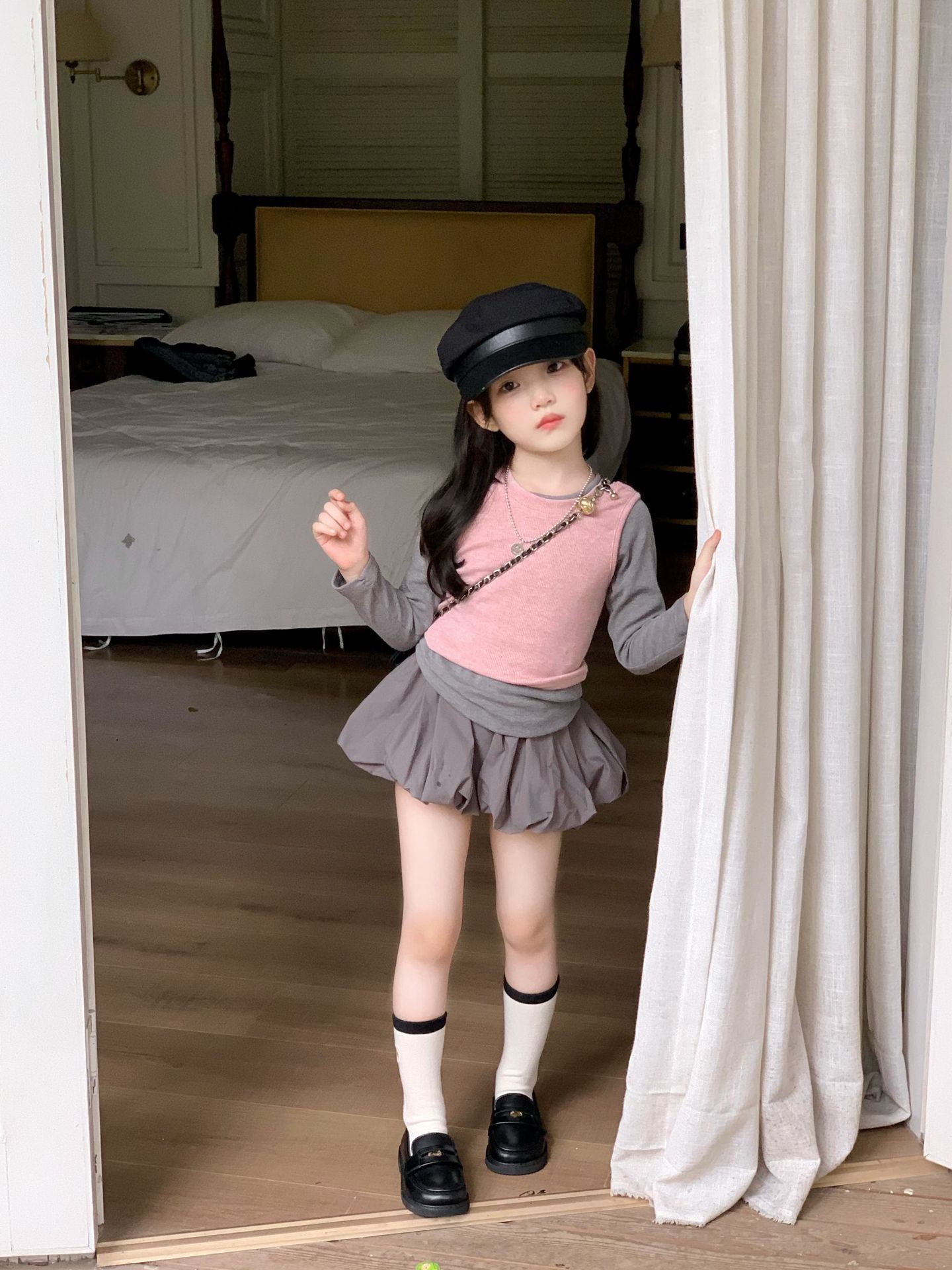 小粉象 ·秋季新款女童纯色真两件背心内搭打底衫防走光半身裙套装