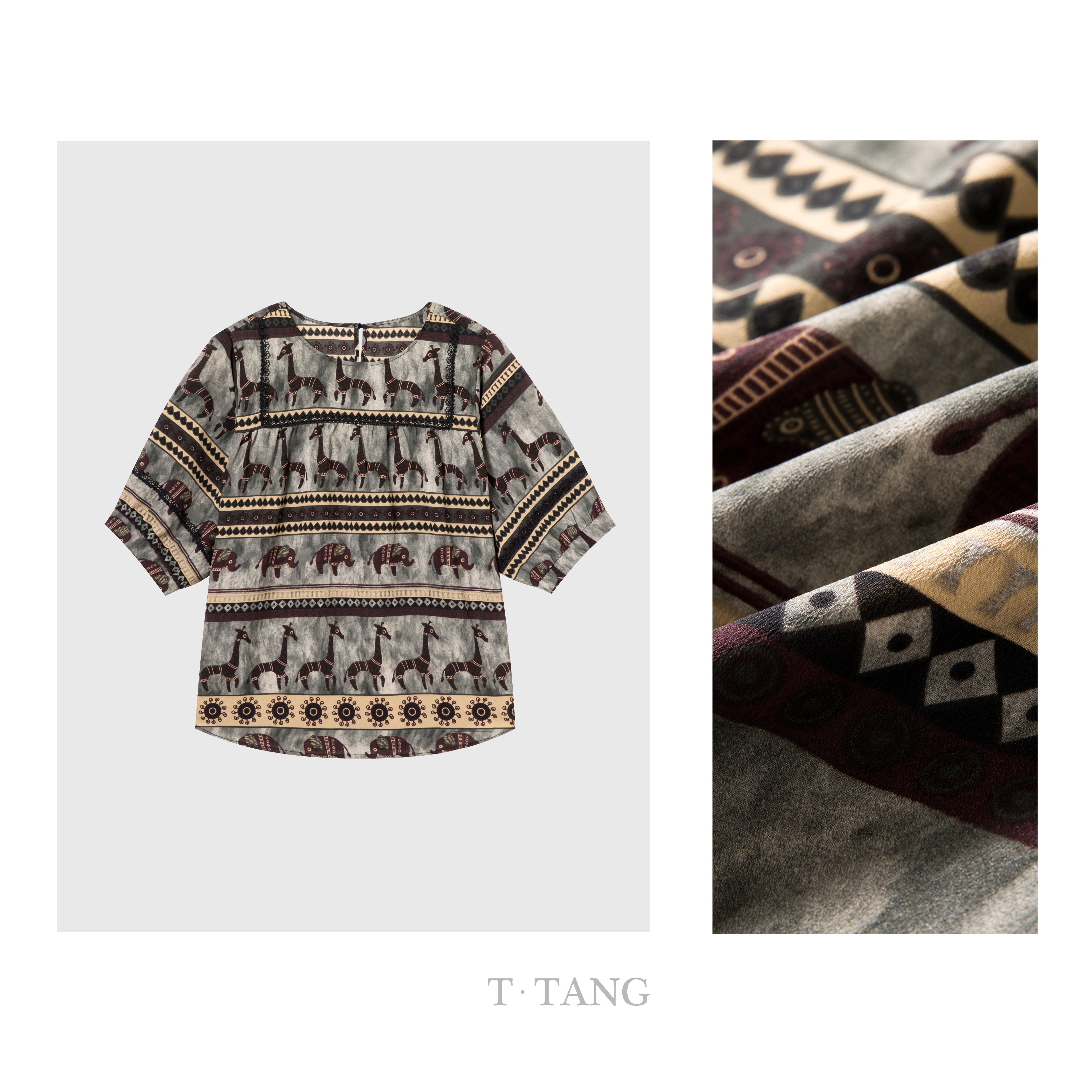 2025年新款高密弹力双绉休闲百搭潮流印花复古宽松T恤【7016】FF