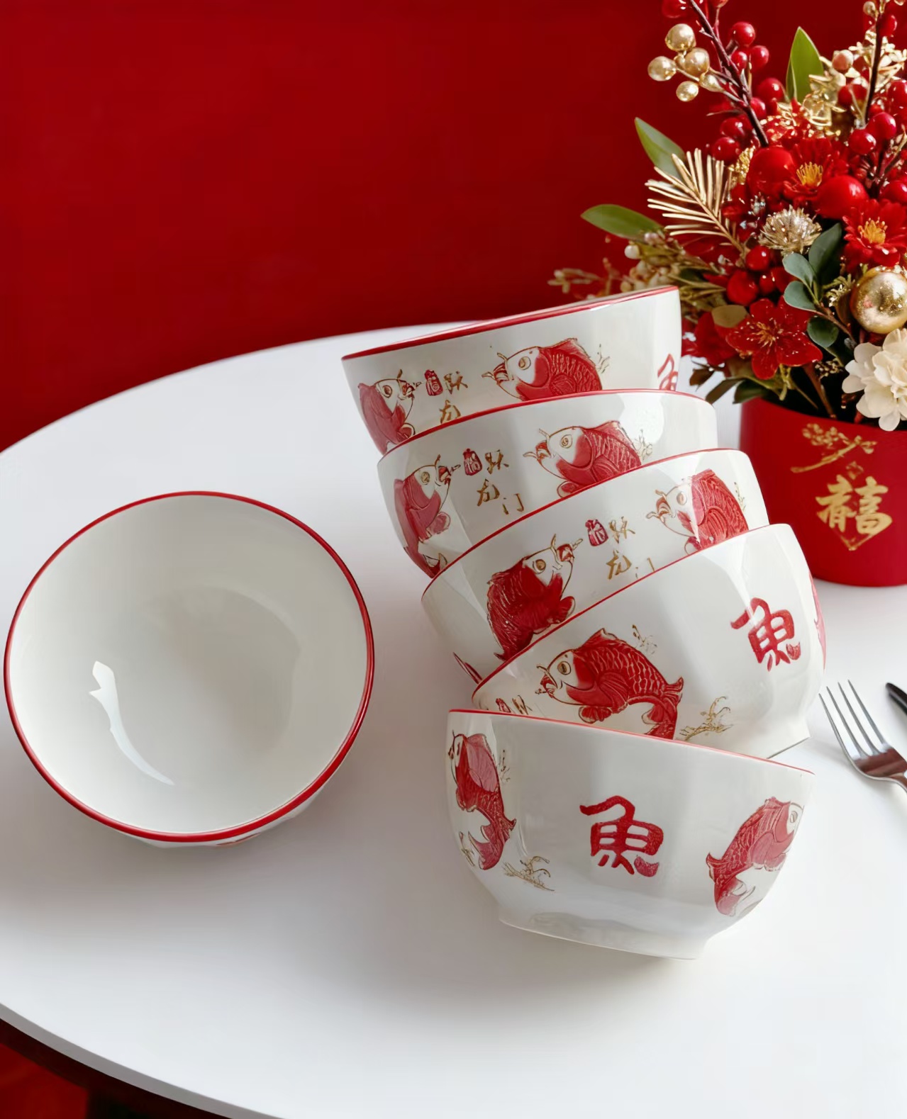 【6只装】鱼跃龙门5英寸加厚大号龙骨碗乔迁送礼结婚米饭碗家用陶瓷