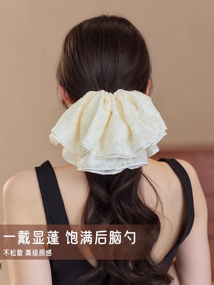 米白色超大号蕾丝大肠发圈韩系头绳皮筋女温柔低丸子双层花边头花