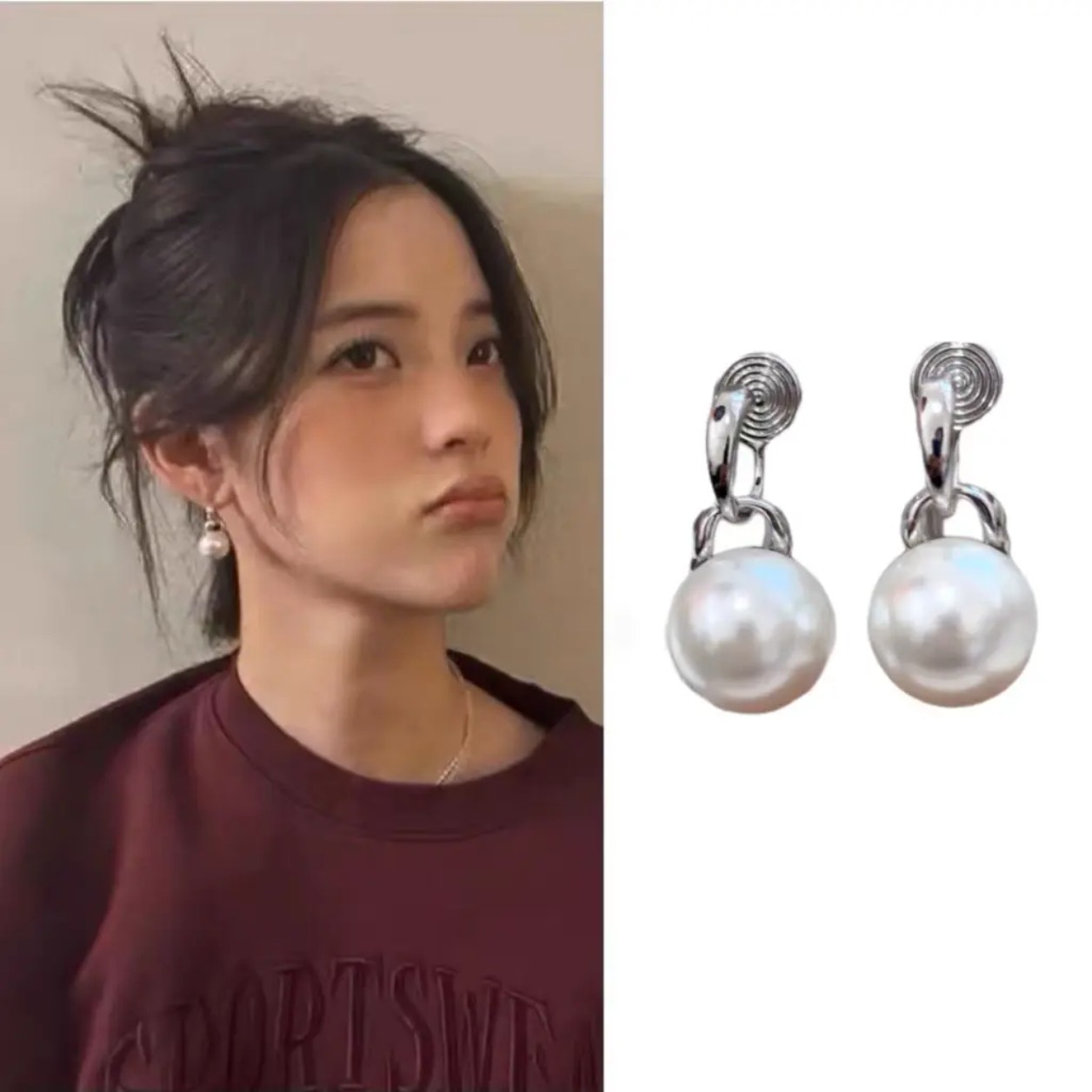 铜合金耳饰 澳白色气质简约轻奢仿珍珠无耳洞蚊香盘耳夹高级百搭