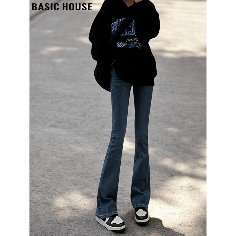 Basic House/百家好紧身微喇牛仔裤女早秋高腰大码直筒窄版喇叭裤