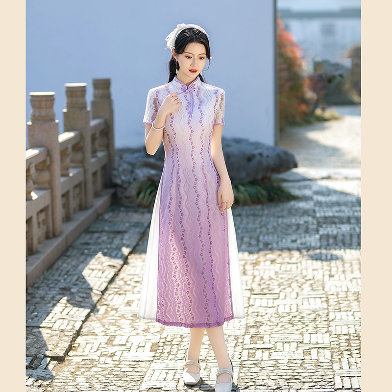 （1781）气质短袖旗袍裙子修身蕾丝夏装显瘦时尚中国风中长裙长旗袍