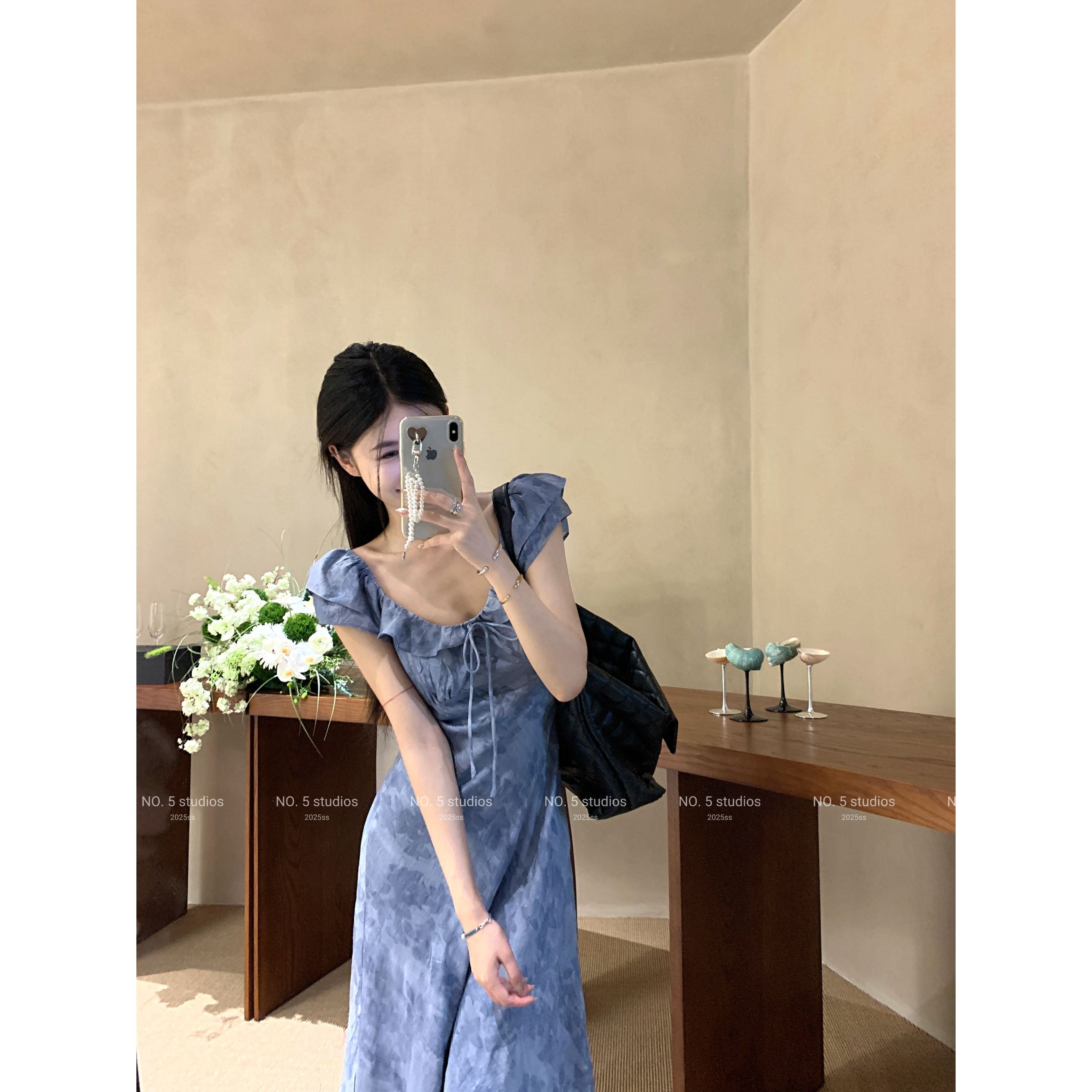 【紫琪现货专属无运补】韩系蓝色显白小飞袖系带提花连衣裙显瘦裙子