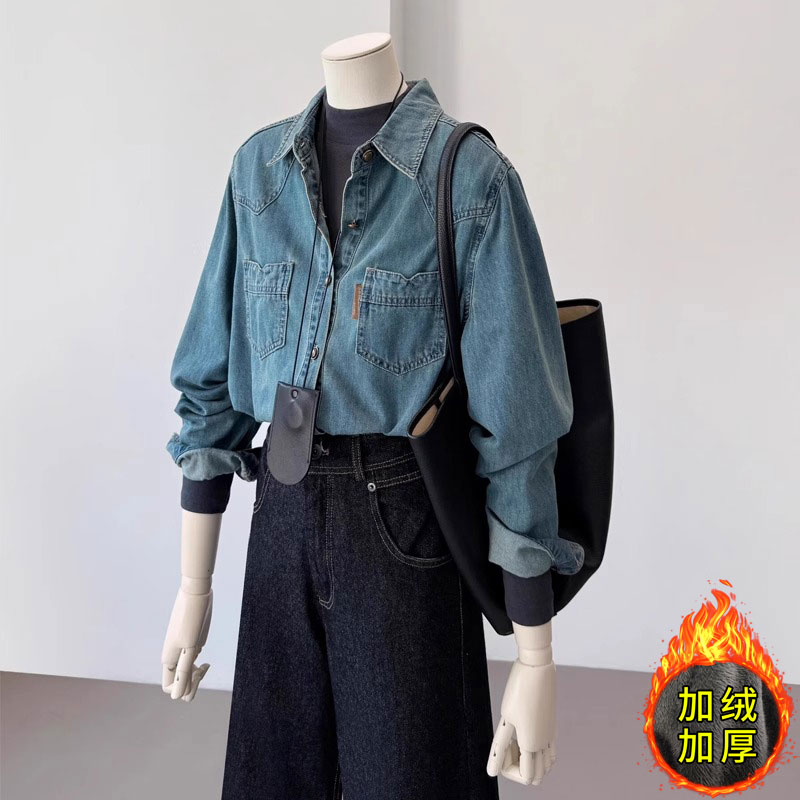 自留爆款推荐~法式复古蓝色牛仔衬衫女2025秋季新款叠穿气质上衣