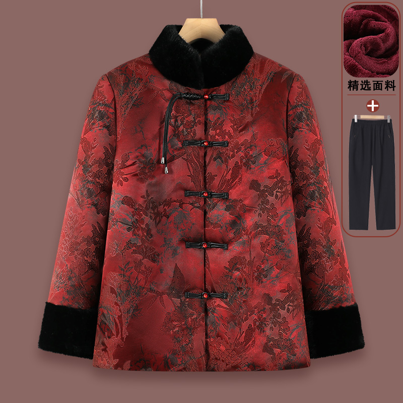 奶奶冬装加绒加厚外套中老年妈妈秋冬老太太大寿棉衣绣花立领棉袄