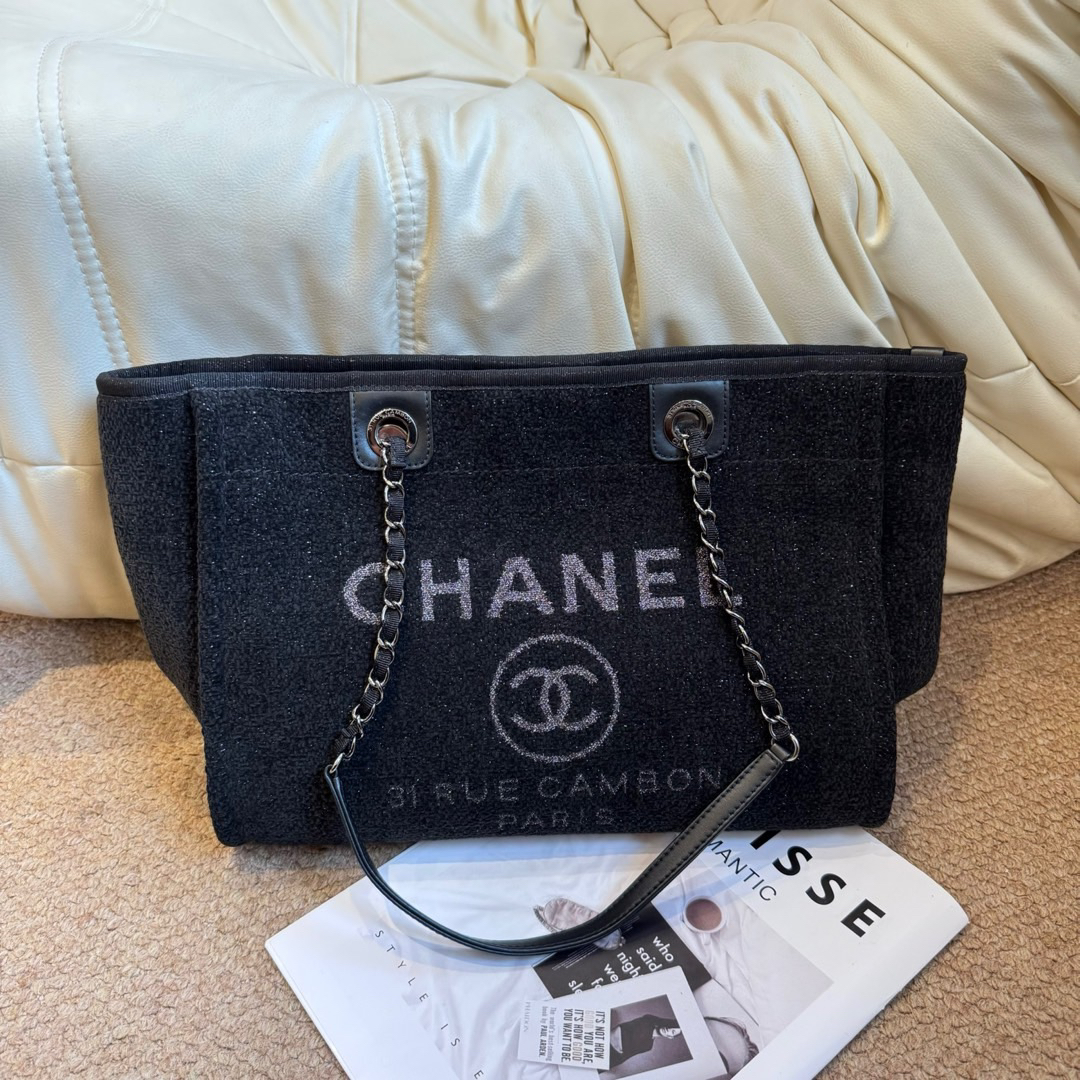 95新 Chanel/香奈儿 黑色 混合纤维帆布 细闪沙滩包中号638440645