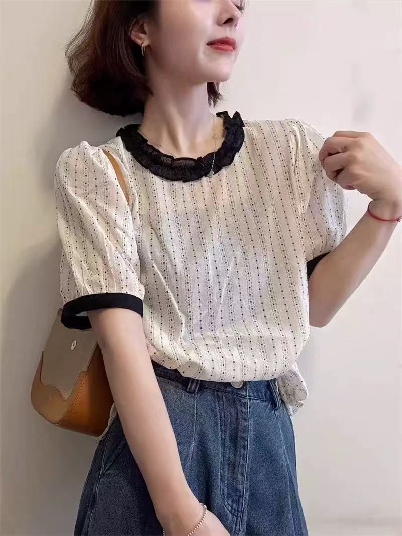 通勤夏季圆领拼接女装百搭法式圆领衬衫小衫