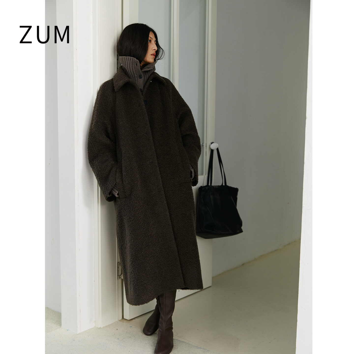 ZUM |15%马海毛 |圈圈毛插肩袖长大衣25冬新款单排扣毛呢外套