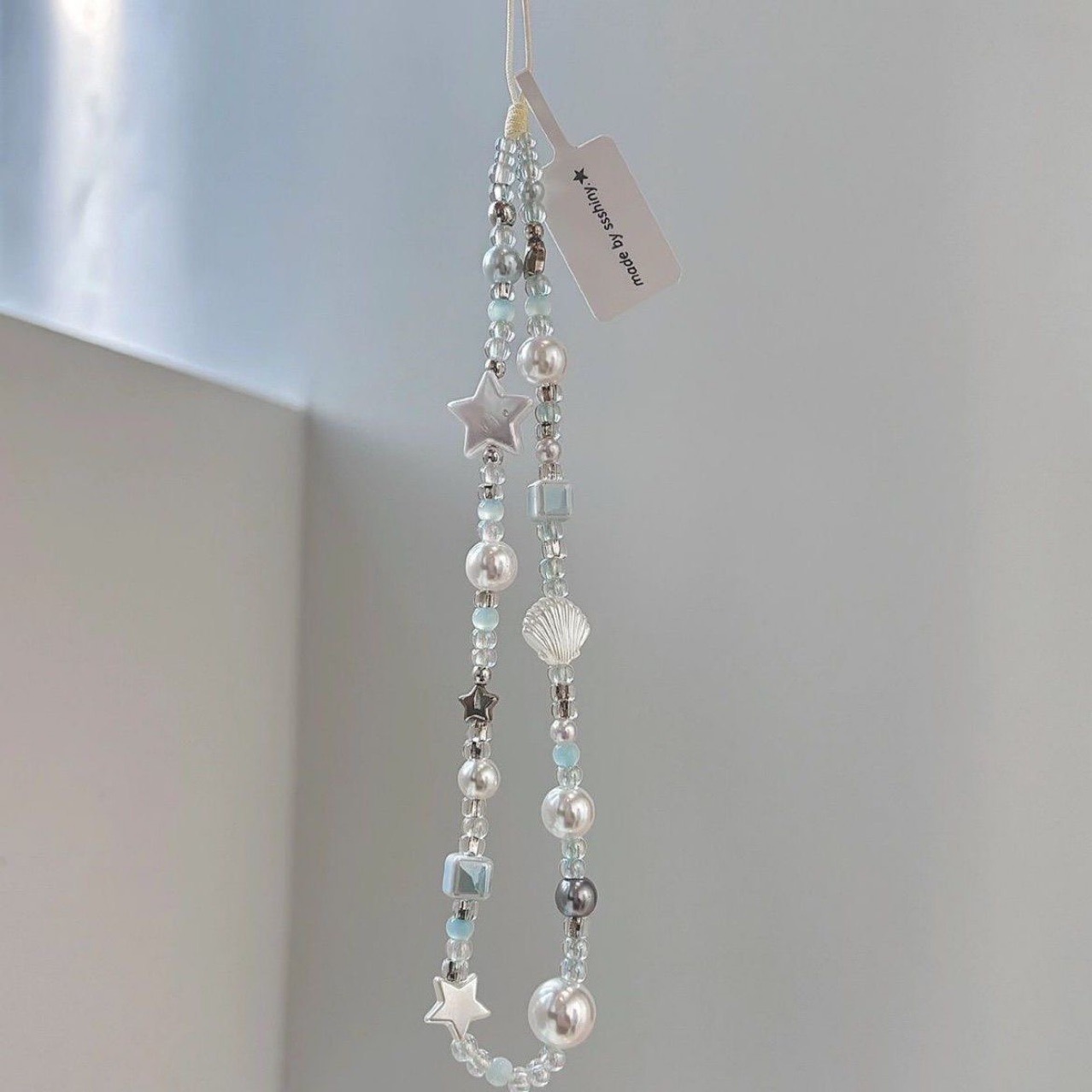 夏日海盐薄荷星星手工diy串珠手机挂绳清新相机挂饰防丢绳钥匙链