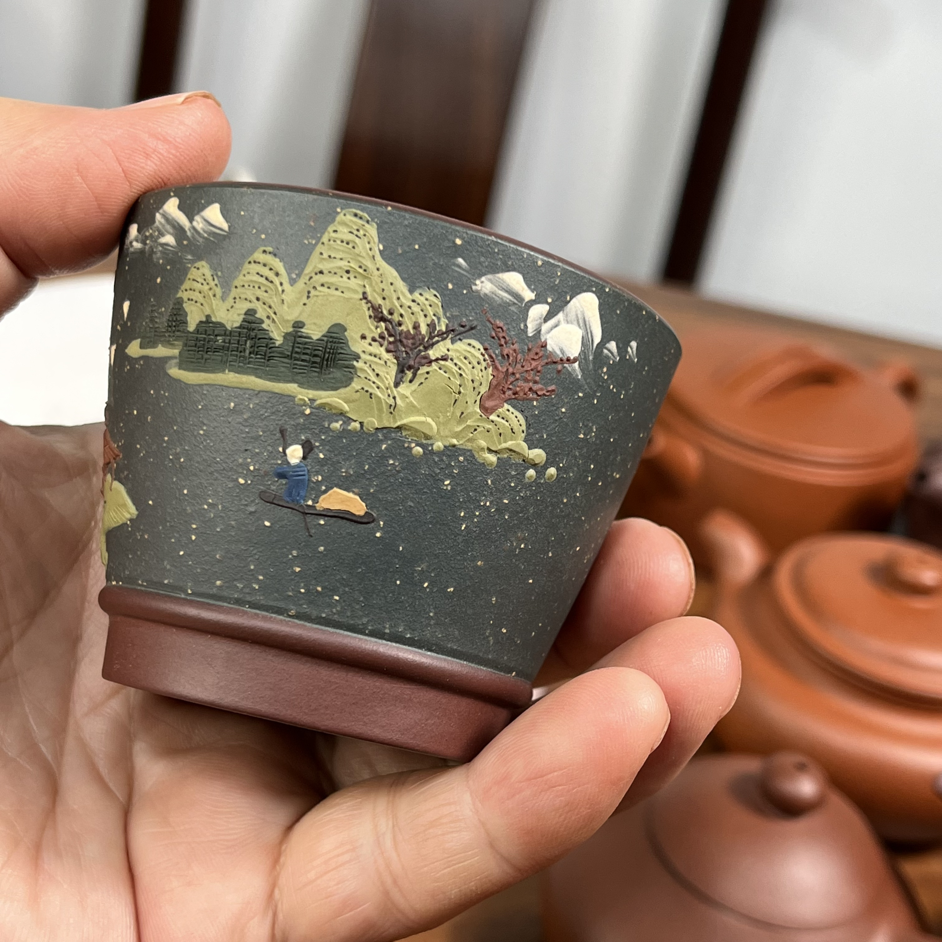 精品手工主人杯通身泥绘 山水画粉色 容量120毫升 原矿紫泥
