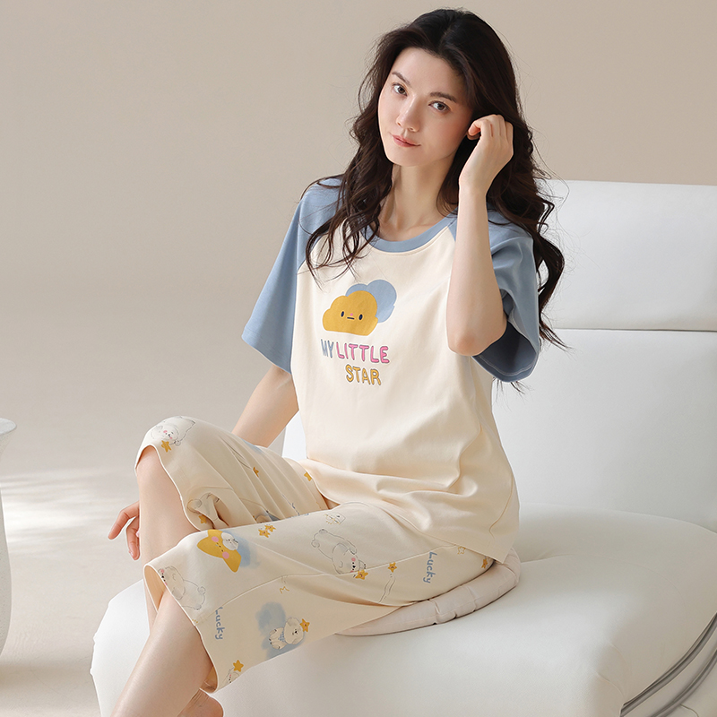睡衣女夏季新款纯棉短袖七分裤休闲家居服可外穿女士套装T-5475