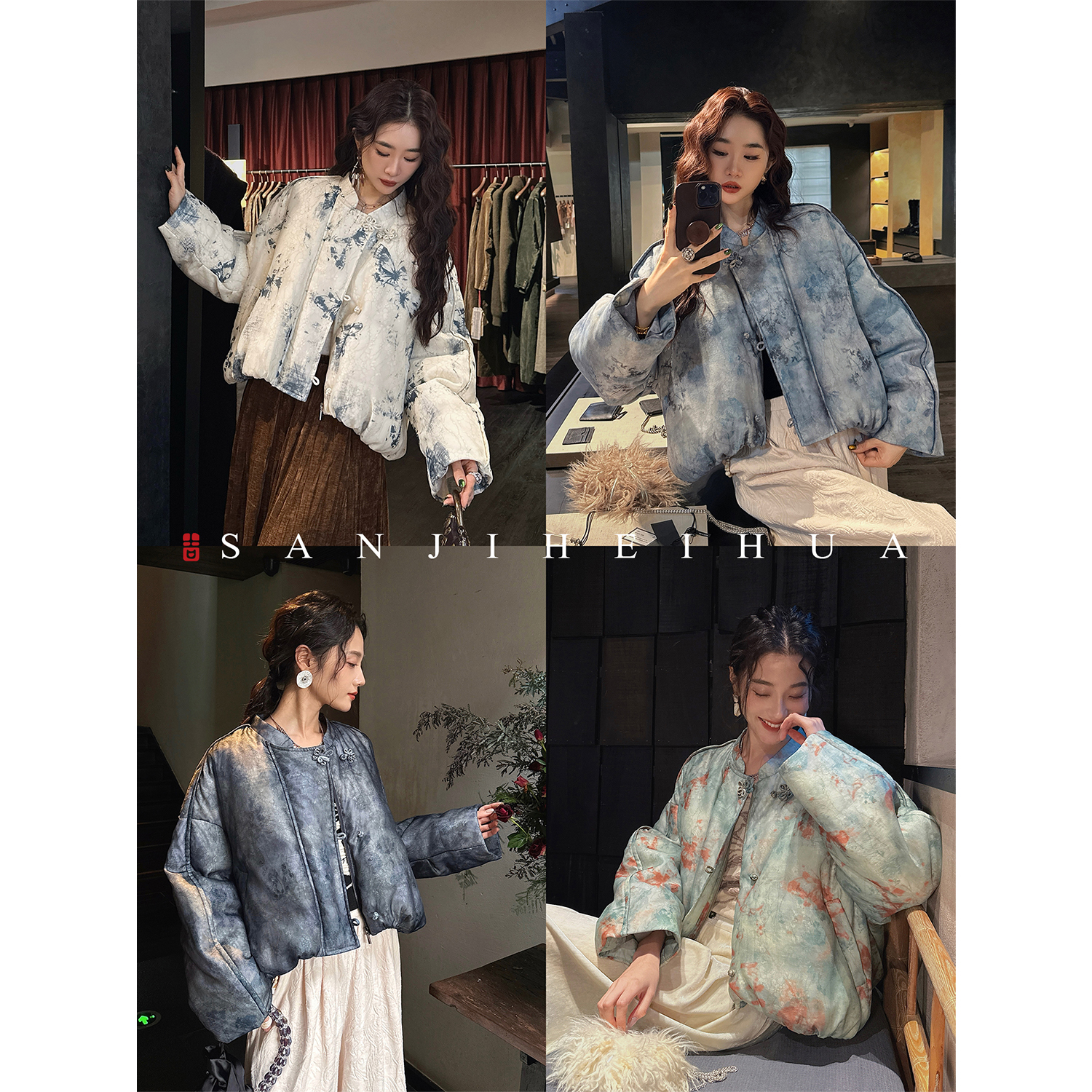 三吉黑花【霜下生花】新中式国风织金蕾丝短款羽绒服冬女90白鸭绒