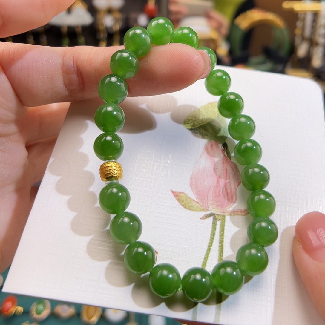 和田玉手串18K金镶嵌