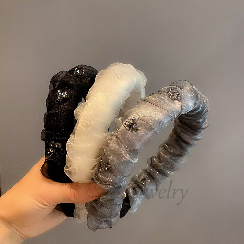 韩版手工串珠褶皱网纱发箍轻奢高颅顶百搭气质显脸小发卡头箍女