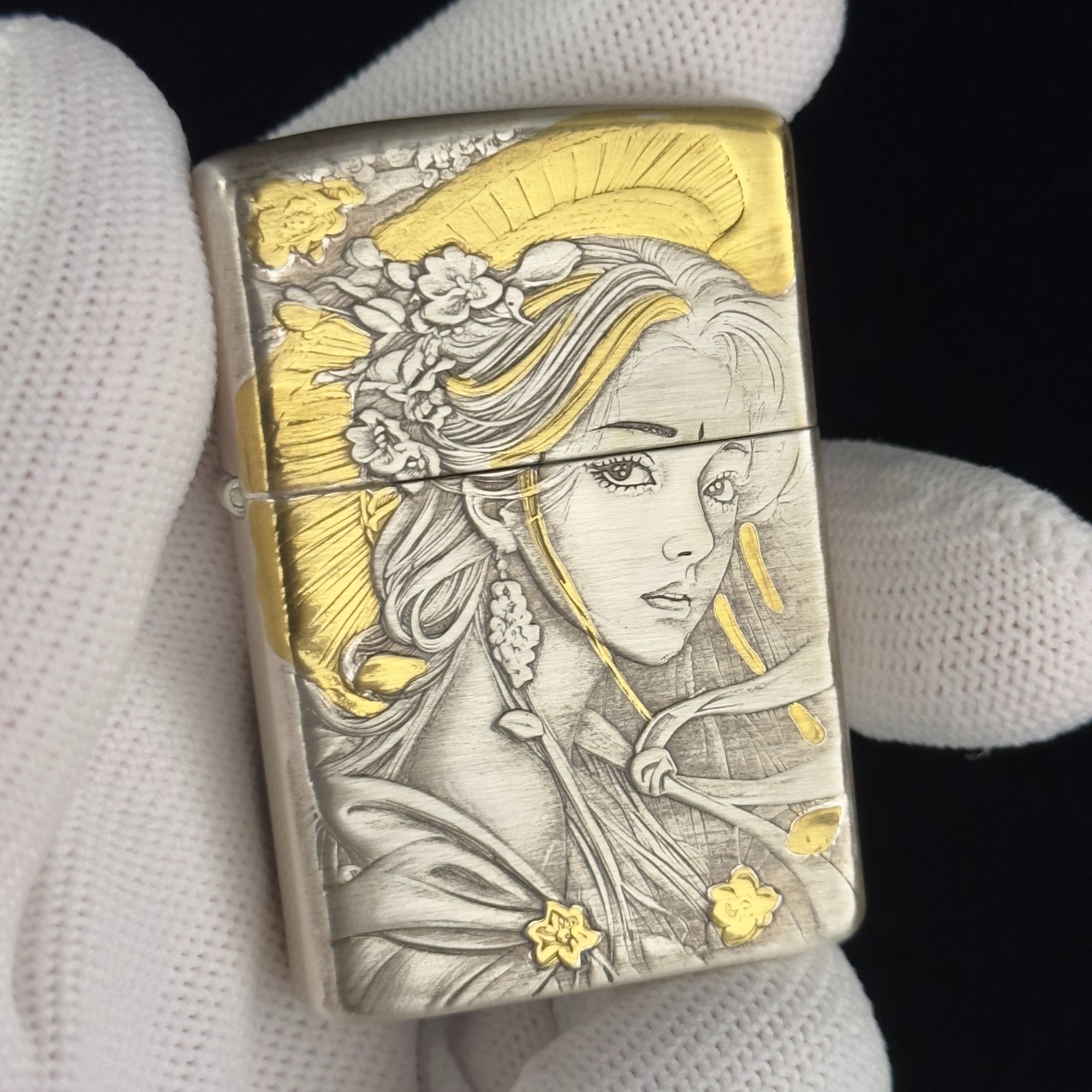 ZORRO佐罗902二代包银鎏金茶花女双面浮雕煤油打火机