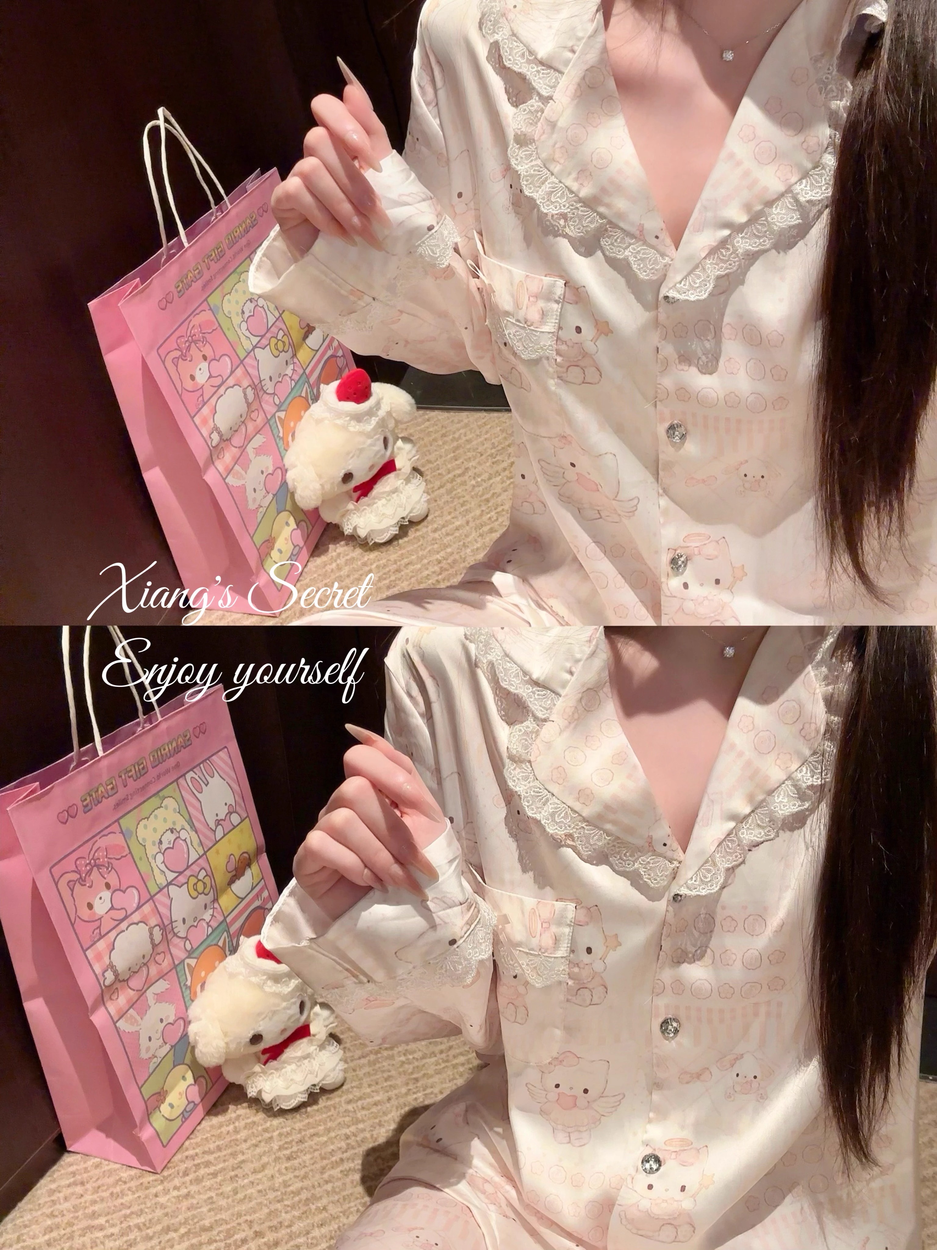 【凯蒂天使】睡衣女秋季长袖长裤丝款可爱春秋可外穿家居服时尚水光