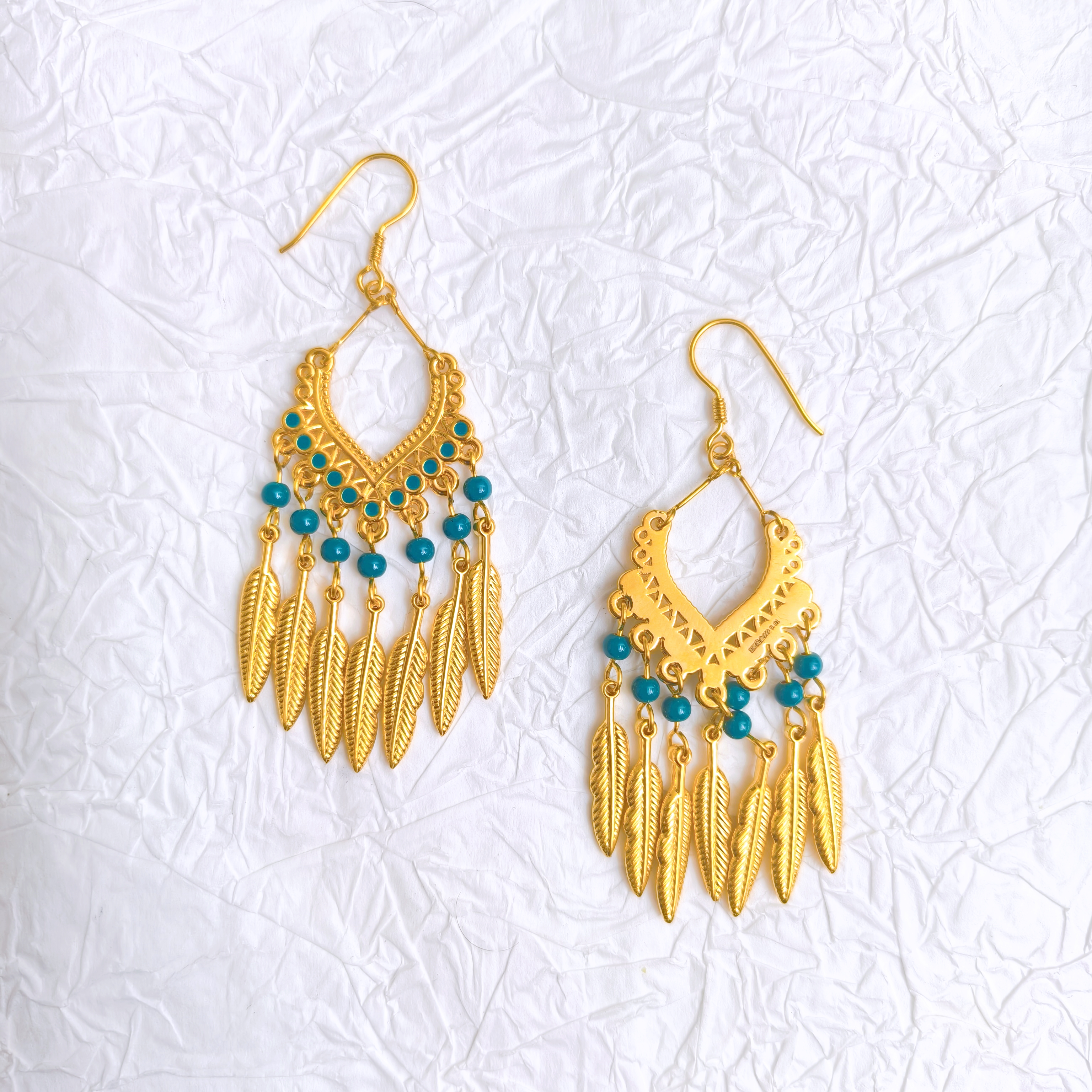  【孔雀羽珐琅耳挂】足金999黄金5D无氰硬金时尚孔雀羽耳挂