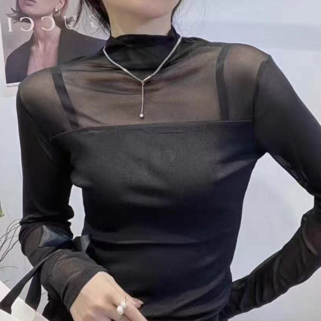 百搭蕾丝半高领长袖网纱半高领T恤打底衫网红长袖