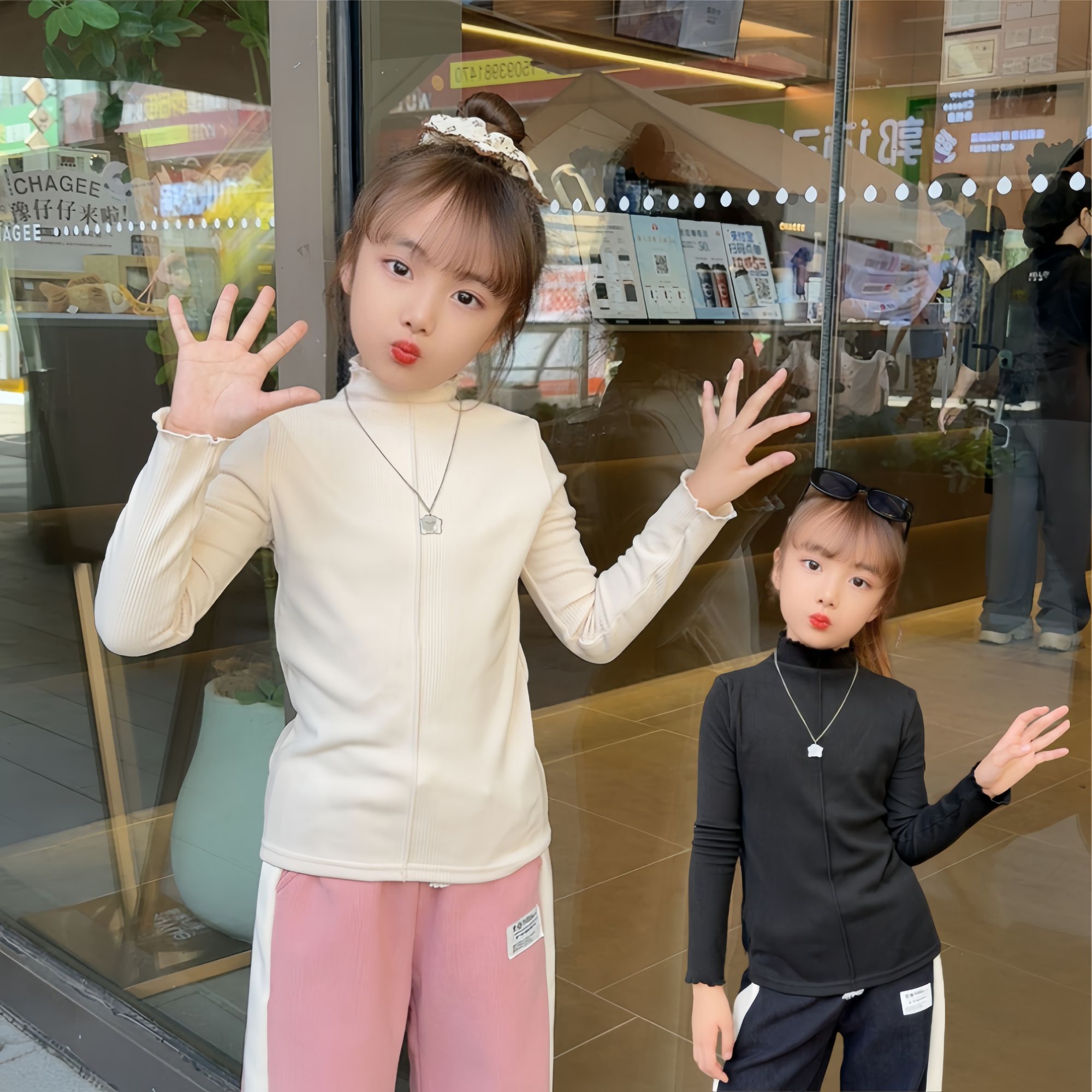 女童长袖上衣春秋2025新款儿童修身T恤女孩大童秋装木耳边打底衫