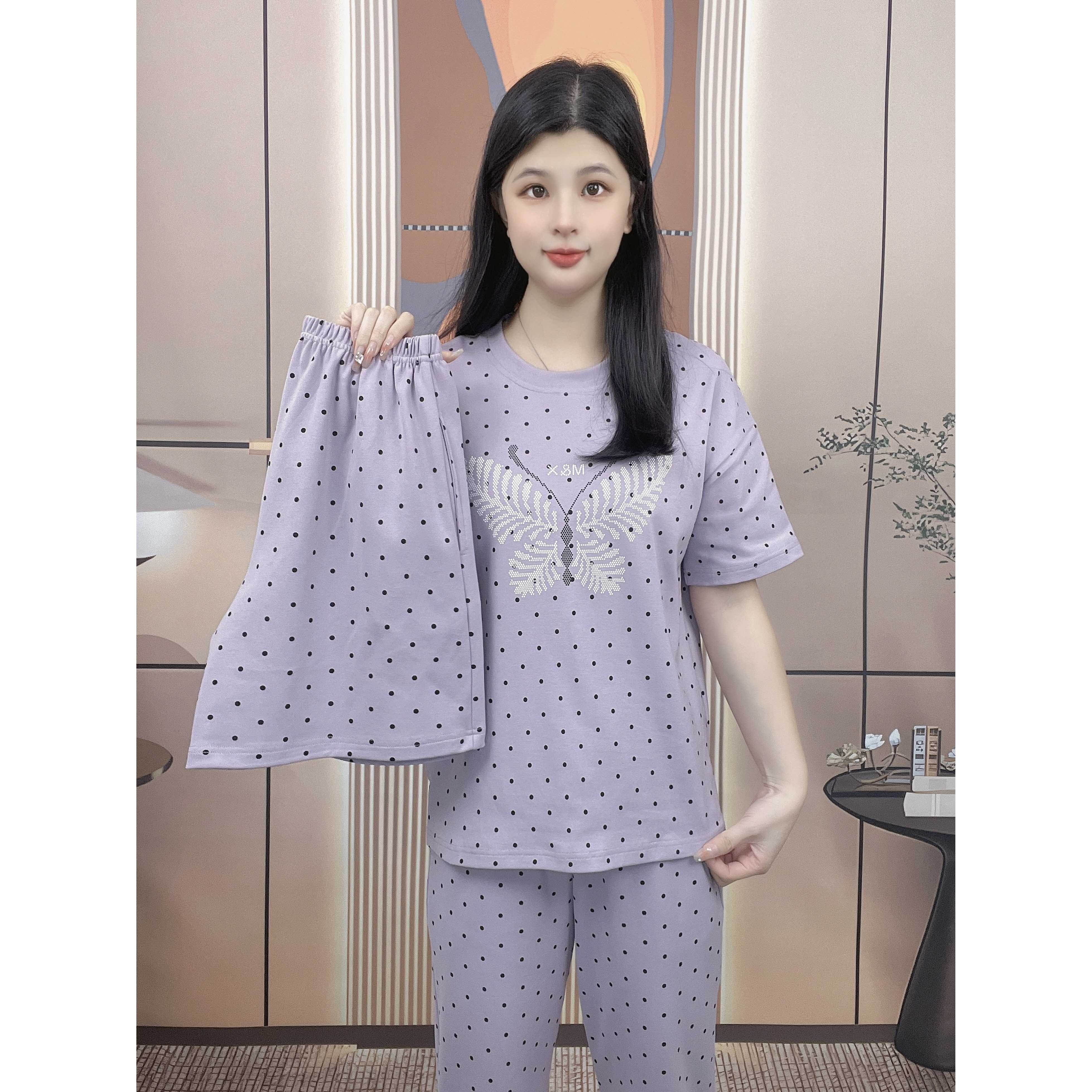 【拍一发三】睡衣夏季纯棉短袖七分裤带胸垫圆领休闲舒适家居服套装