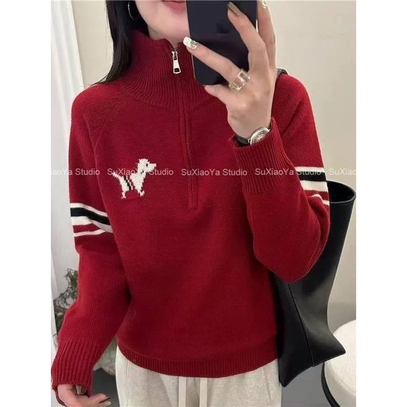 【半拉链红小狗提花】加厚本命年红色毛衣女款外穿打底衫秋冬上衣